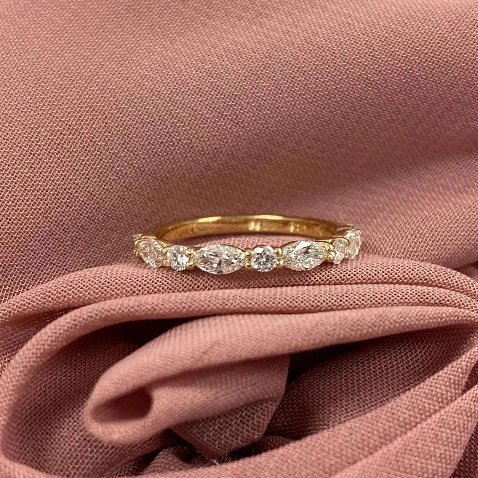 Diamond Band Round & Marquise Cut 0.7 Ct 14k Yellow Gold Lab Grown VVS E F CVD