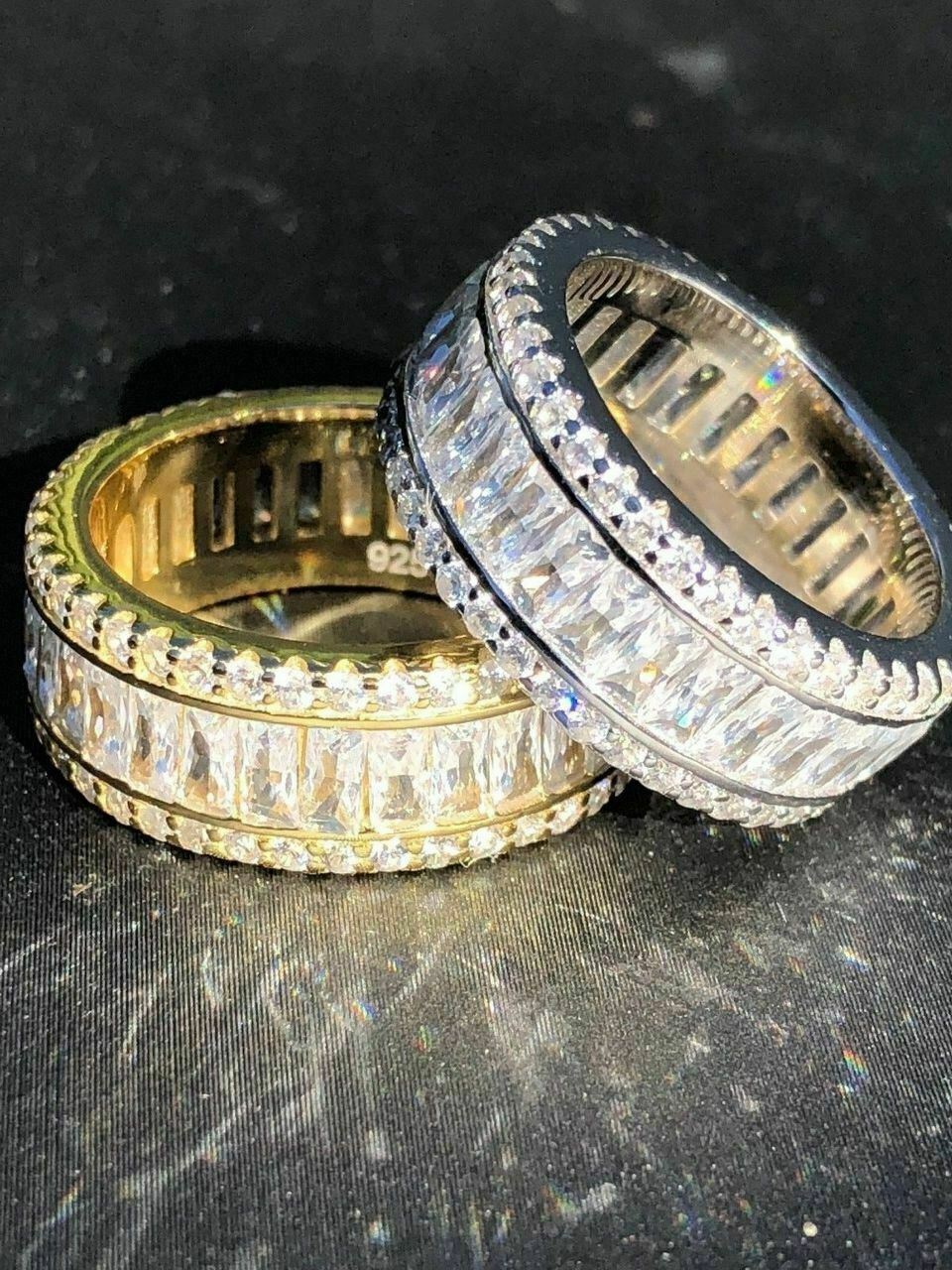 Anillo De PLATA 925 Maciza Con Diamantes Baguette Simulados Bañado en Oro 14K