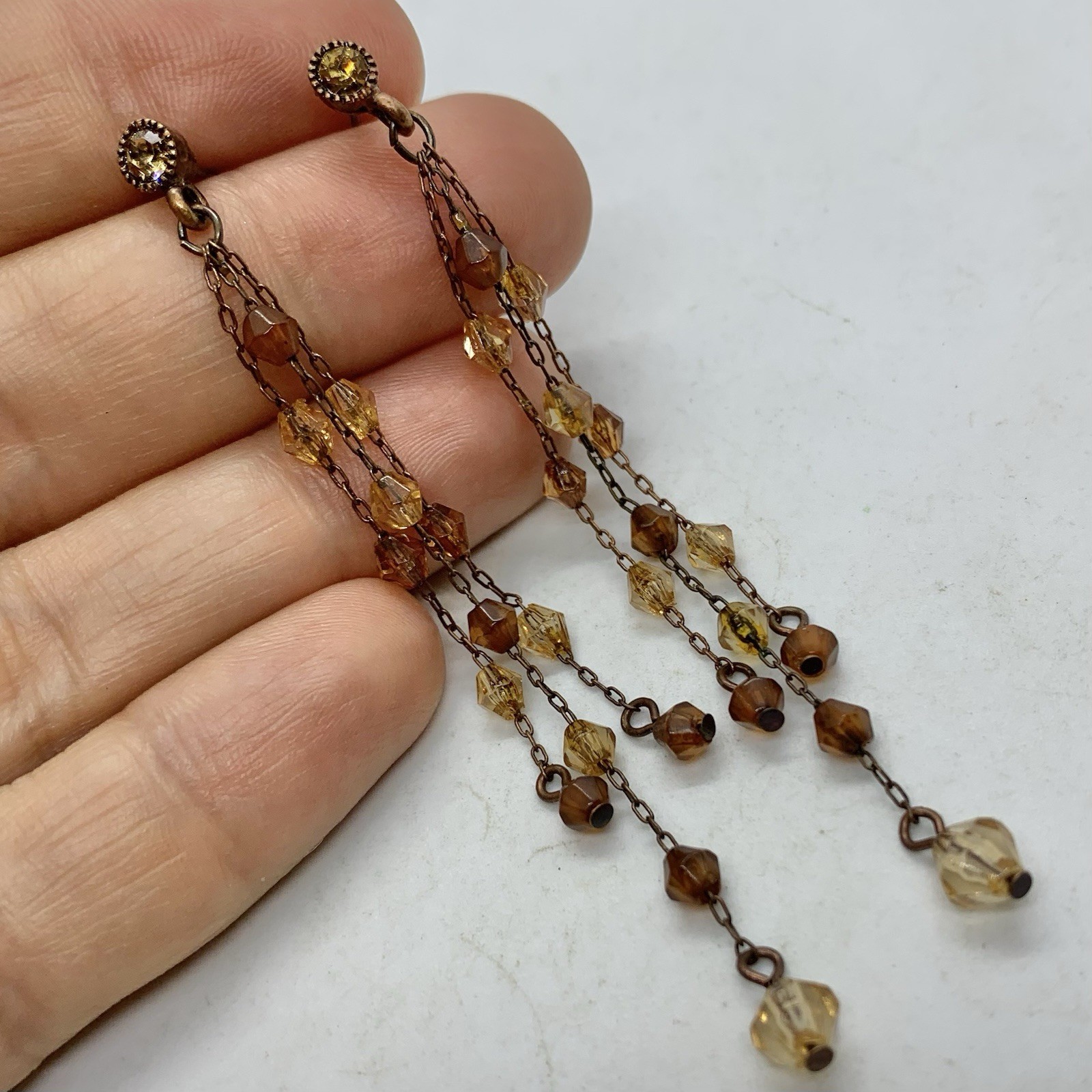 Vtg Yellow Brown Acrylic Crystal Chain Tassel Earrings Dangle Long Rhinestone