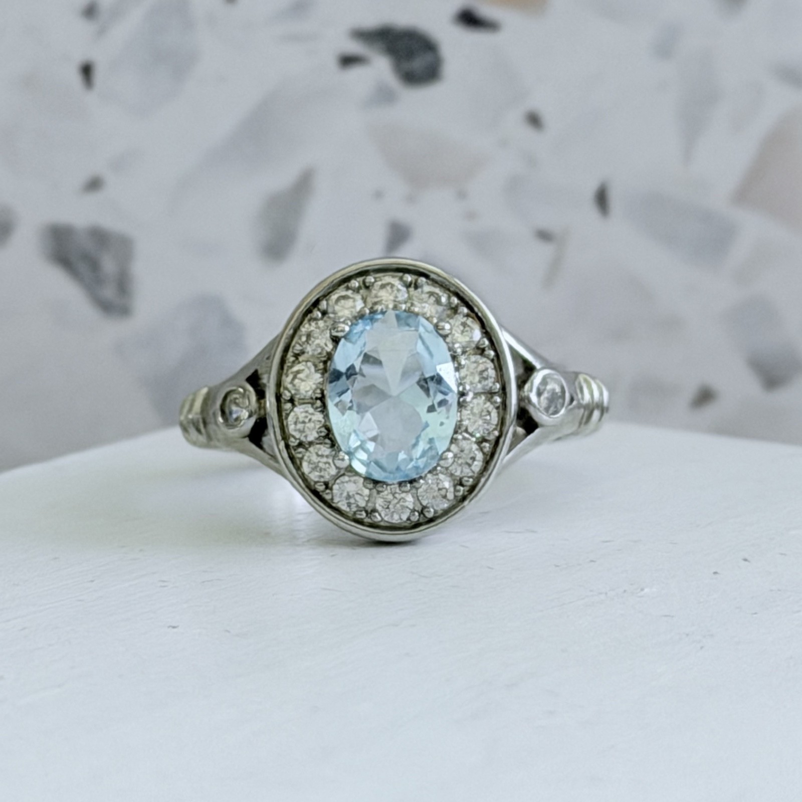 2.1 CT Aquamarine Oval 14k White Gold 925 Sterling Halo Art Deco Women’s Ring