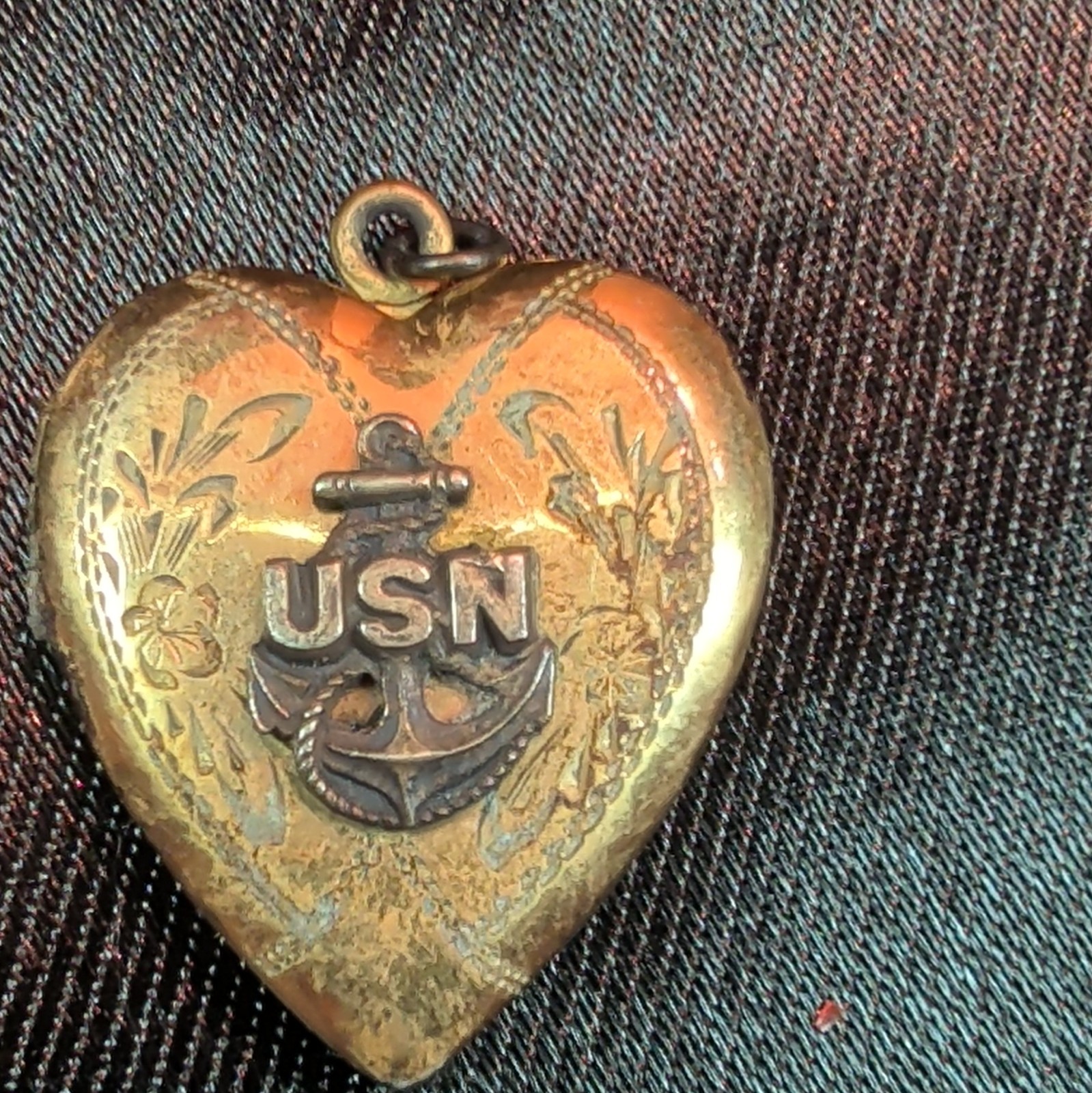 Yellow Gold Heart USN Anchor Locket Pendant, Signed, Nautical Military