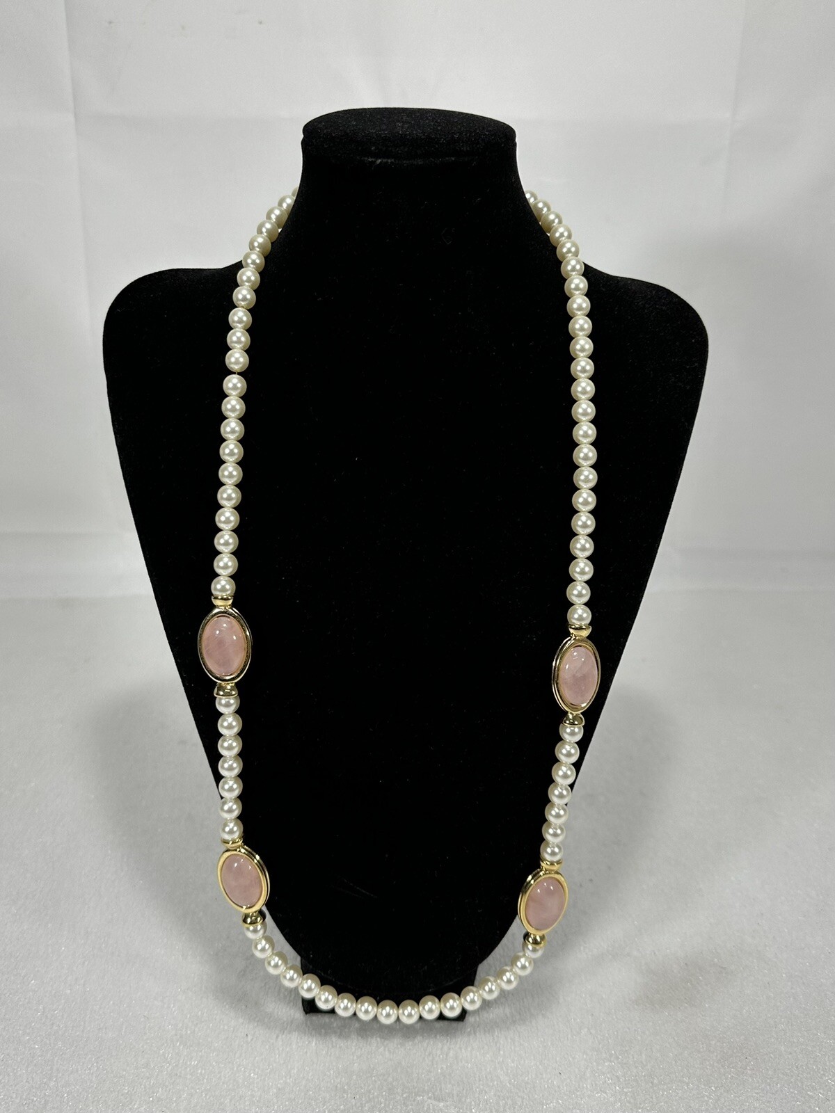 Vintage Napier ~ 8mm White Pearl Beads & Rose Quartz Station Necklace ~ 30in