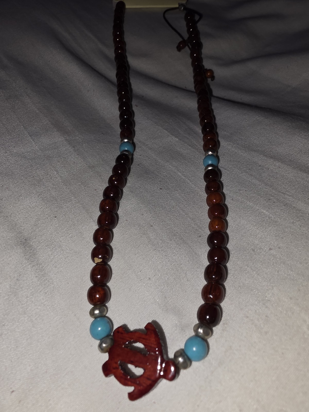 vintage 38yr Island Koa Made in Hawaii Brown & Blue Wood Beaded Necklace Turtle