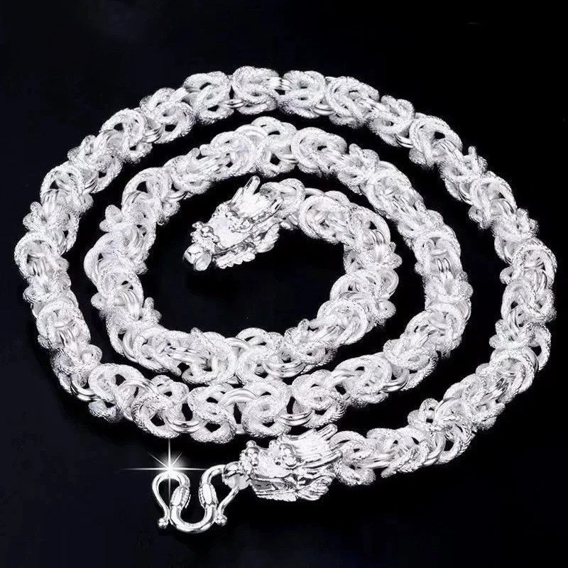 Sterling Silver Necklace For Men Classic 8mm Round Faucet Dragon 60cm Charm