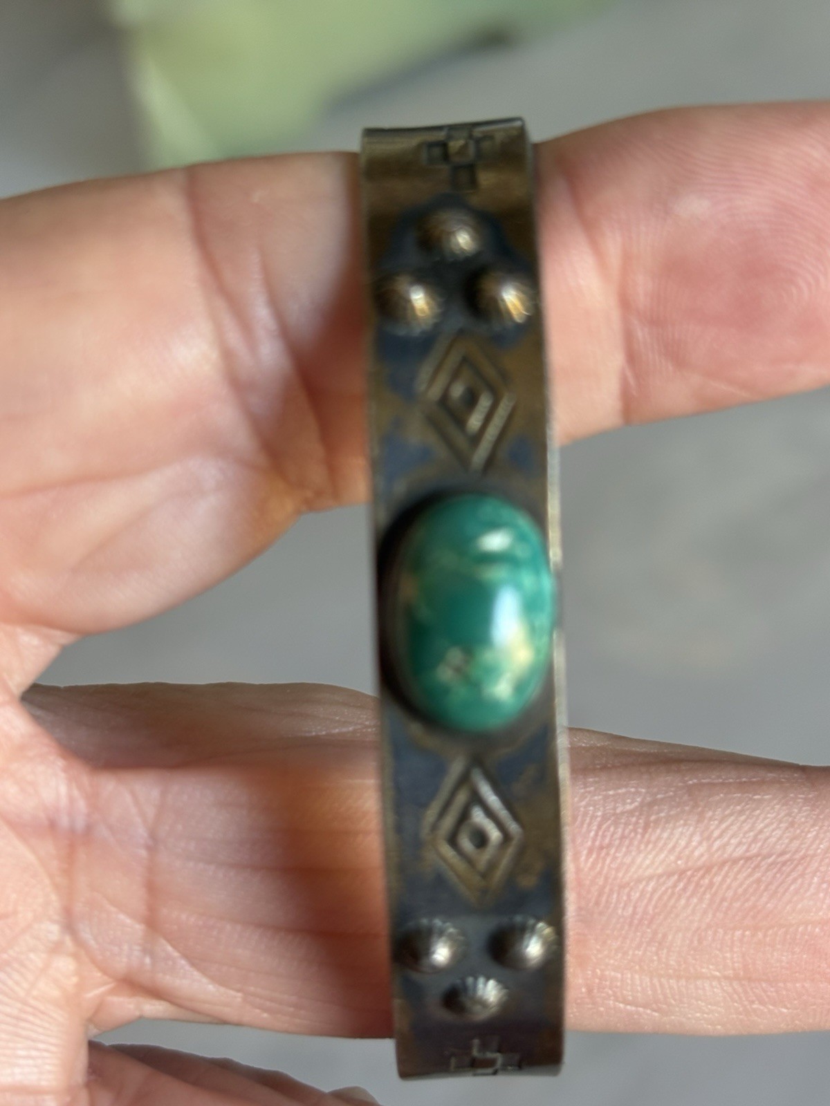 Fred Harvey Era cuff-stamped Sterling with Green Turquoise Stone
