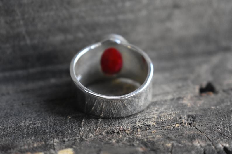 Solid 925 Sterling Silver Natural Ruby Corundum Gemstone Men’s Unisex Band Ring