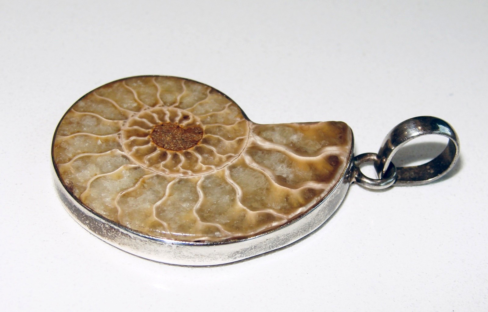SAJEN 925 STERLING SILVER 925 AMMONITE BROWN SHELL FOSSIL 2.25” PENDANT SJ