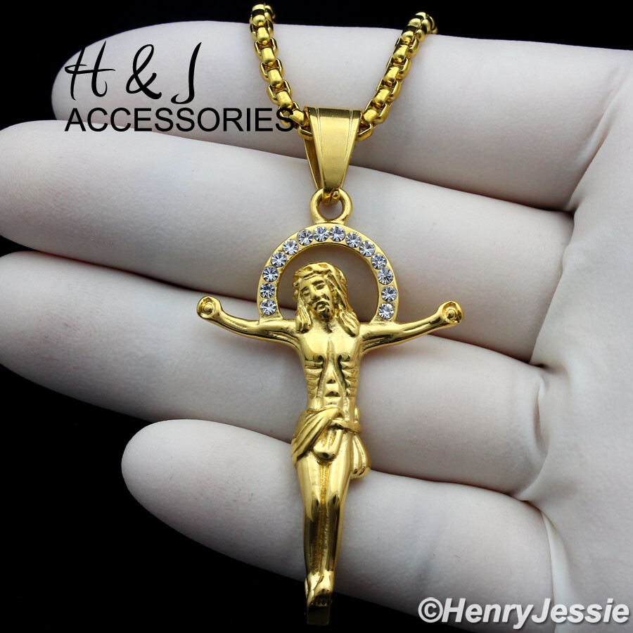 18-36″MEN Stainless Steel 3mm Gold Plated Box Chain CZ JESUS Cross Pendant*GP122