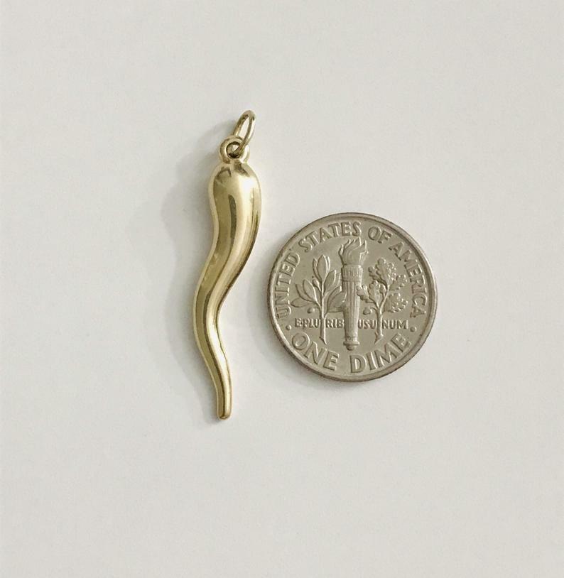 10K Real Gold Italian Horn, Cornicello, Chili 1.3″ Pendant / Necklace – C3041