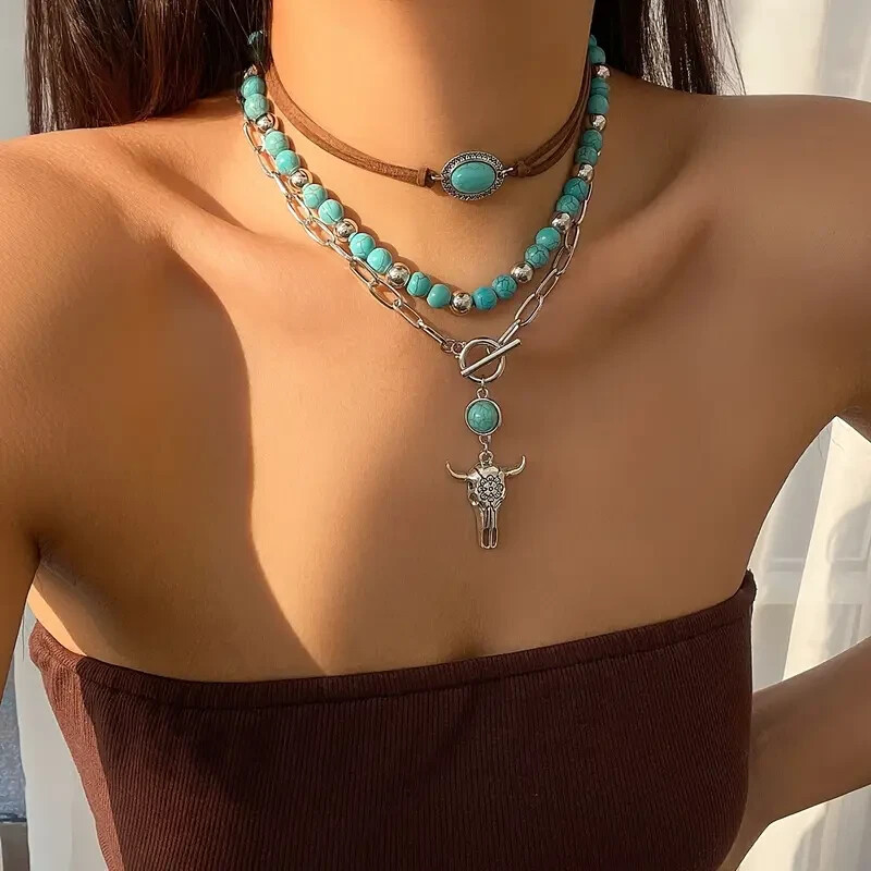 Elegant 925 Sterling Silver Vintage Tibetan Tibet Turquoise Pendant Necklace 3pc