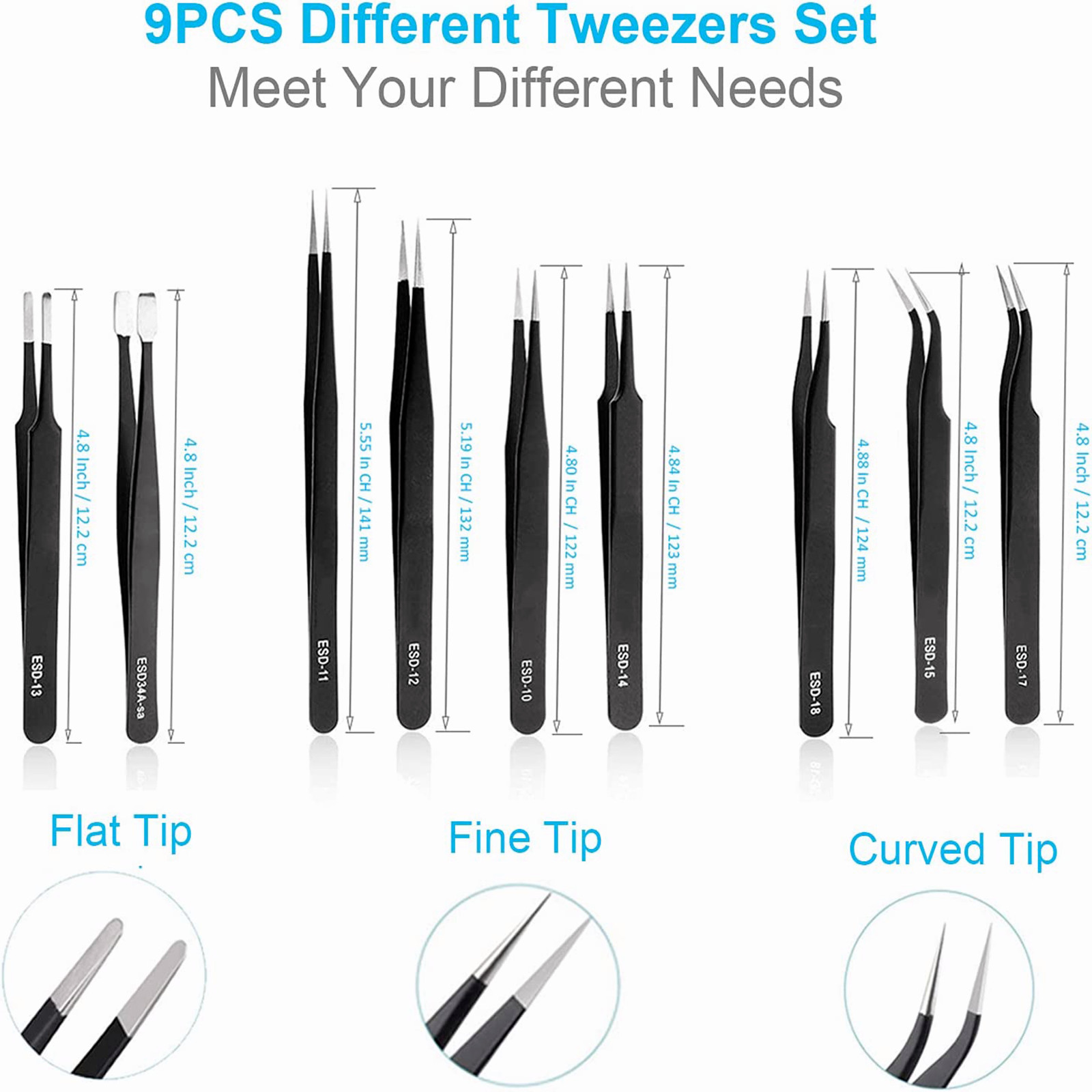 10 x ESD Precision Anti static Tweezers Set Stainless Steel Tool for Electronics