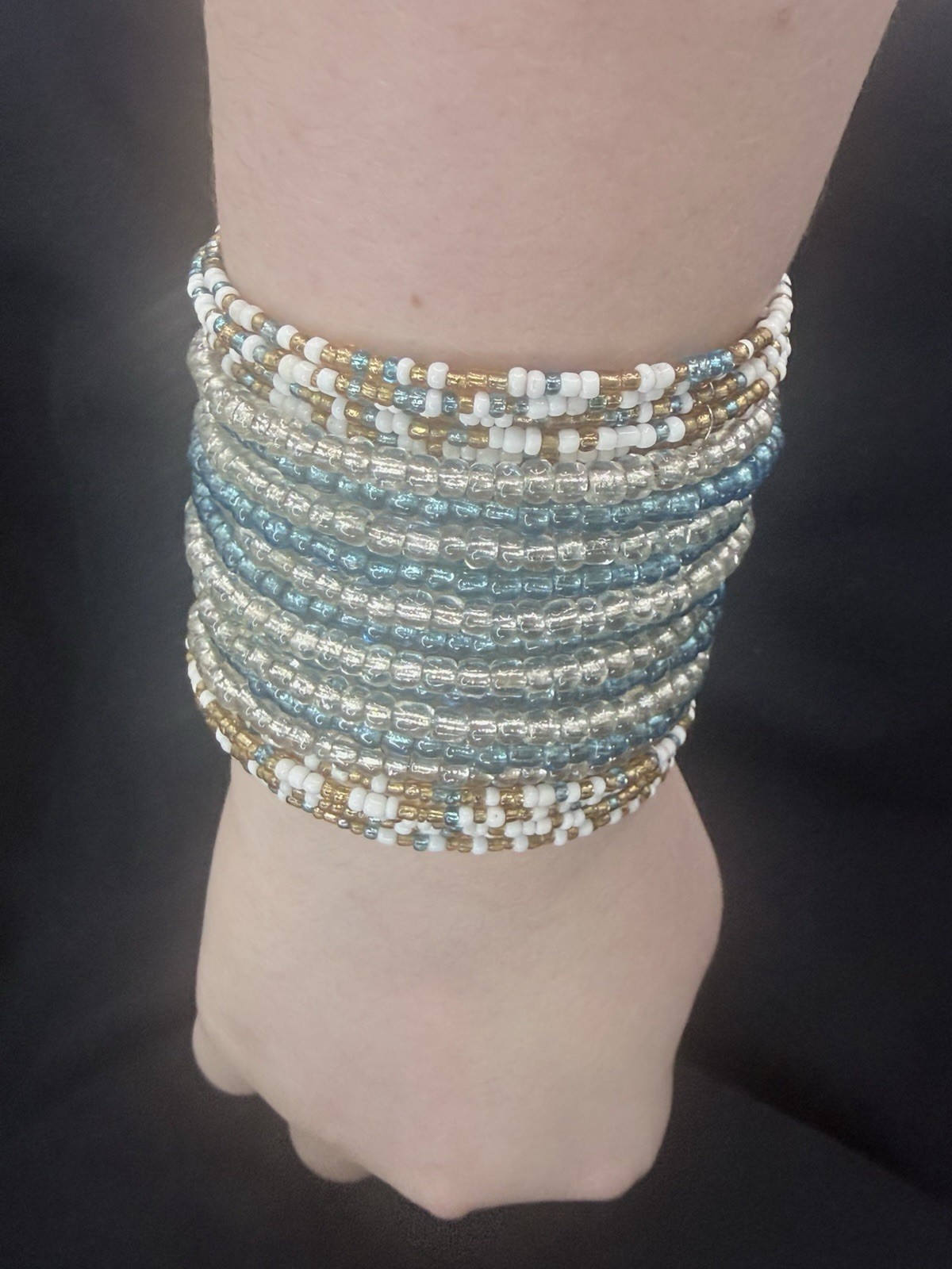 Blue White Gold Glass Seed Bead Wrap Cuff Bracelet, Multi-Strand, Stackable