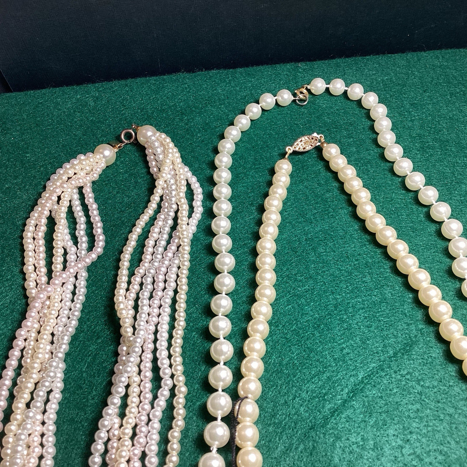 VTG LOT OF 3 FAUX PEARL NECKLACES 1 SIGNED LADY REMMINGTON 21 1/2”, 17 1/2”, 29”