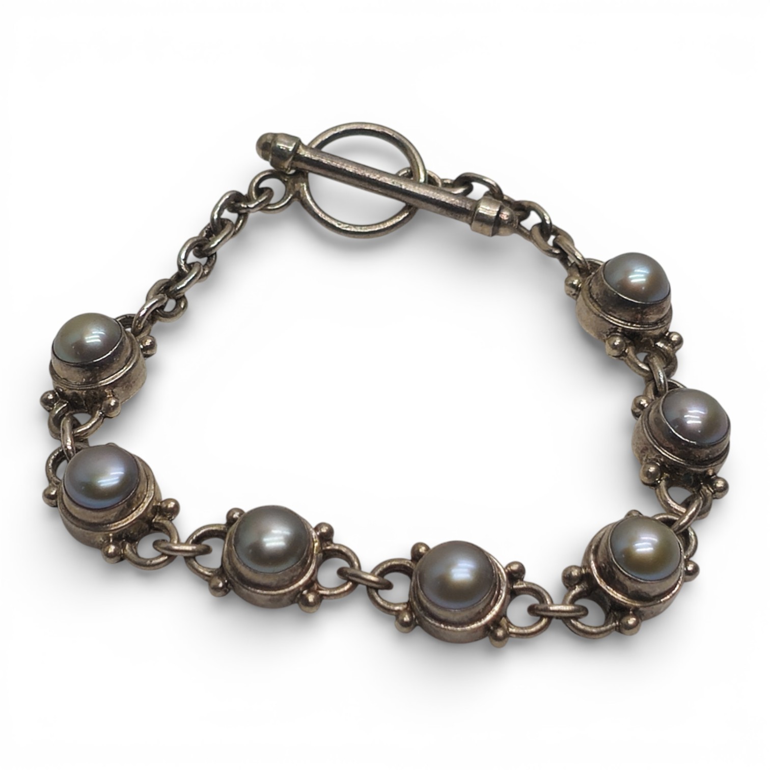 925 Sterling Silver Blue Stone Link Bracelet Toggle Clasp 6.25in 16.84g Vintage