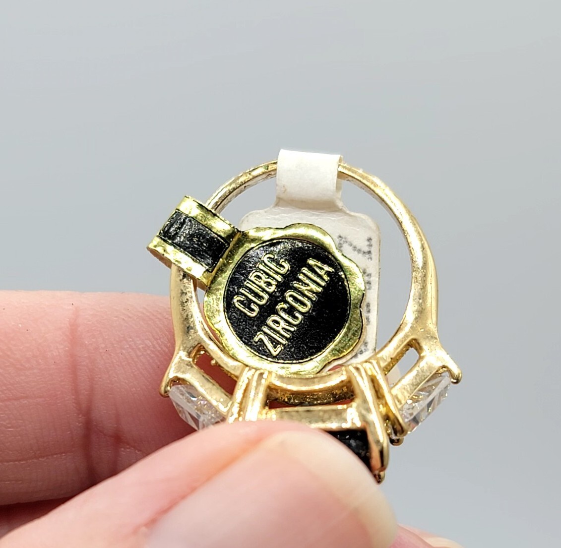 Vtg Sz 6 Ring Blue Clear Cubic Zirconia Signed 18KGE Gold Electroplated Jewelry