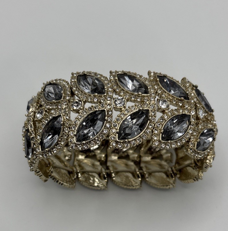 Vintage Crystal Wide Bracelet Angular Design Special Occasion Smokey-Gray 7in