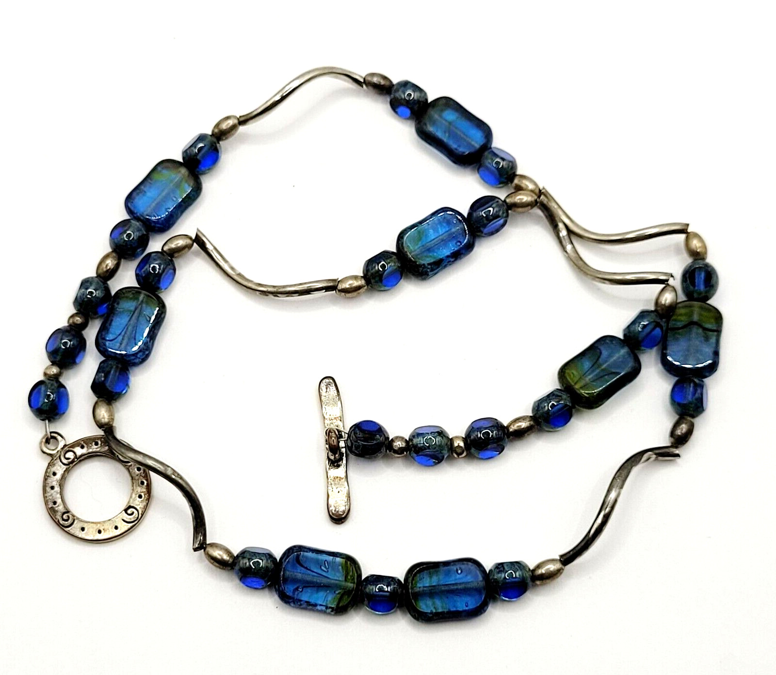 Vintage Blue Green Translucent Art Glass Necklace Wavy Silver Tone Alloy 18 in