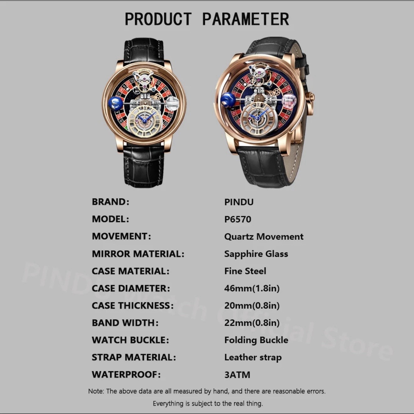 PINDU Hand Rotating Mens roulette dial Waterproof Quartz Watch LeatherStrap