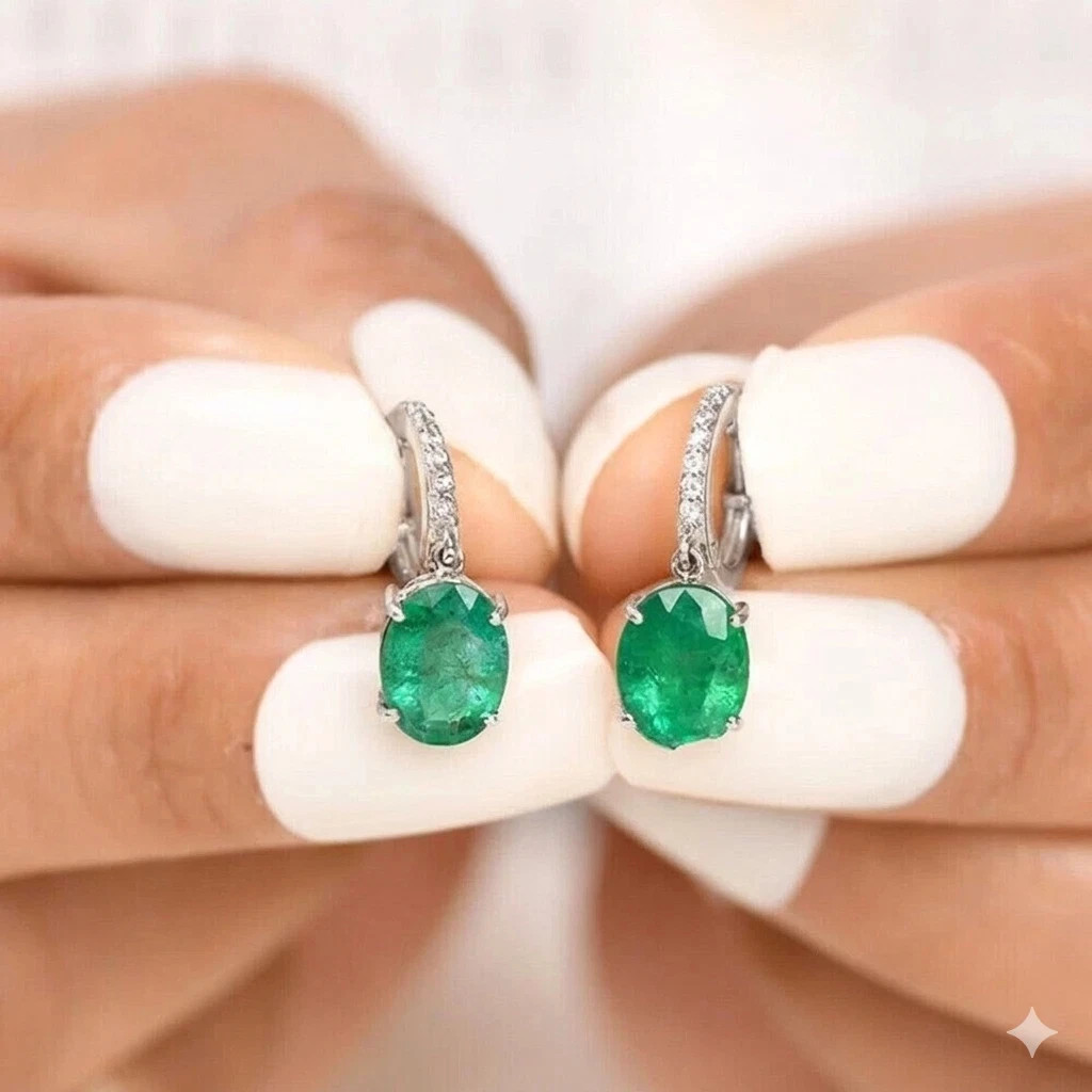 2.56Ct Oval Cut Lab Created Emerald Drop & Dangle Earrings 14k White Gold Plated