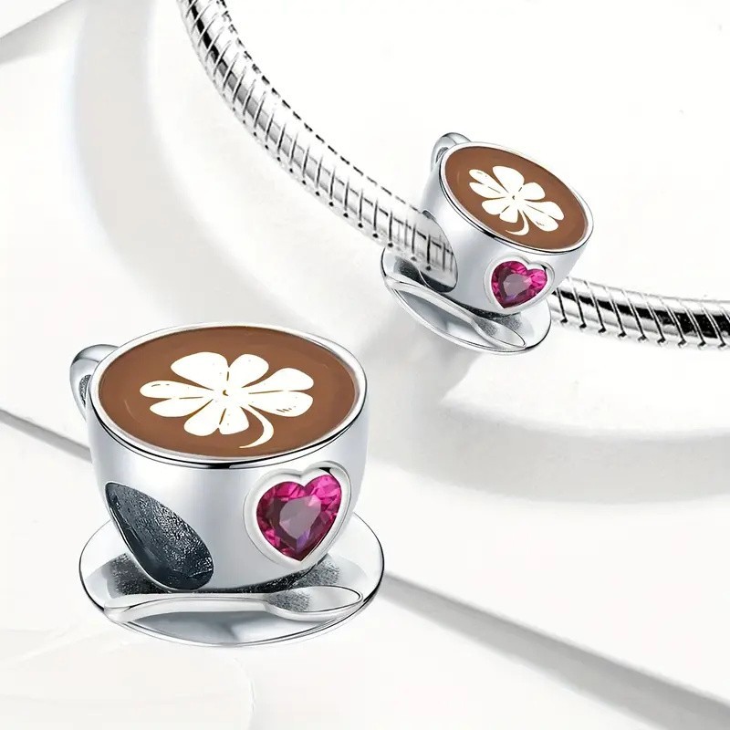 Coffee Cup & Pink Heart Bead Charm Sterling Silver S925 Hallmarked