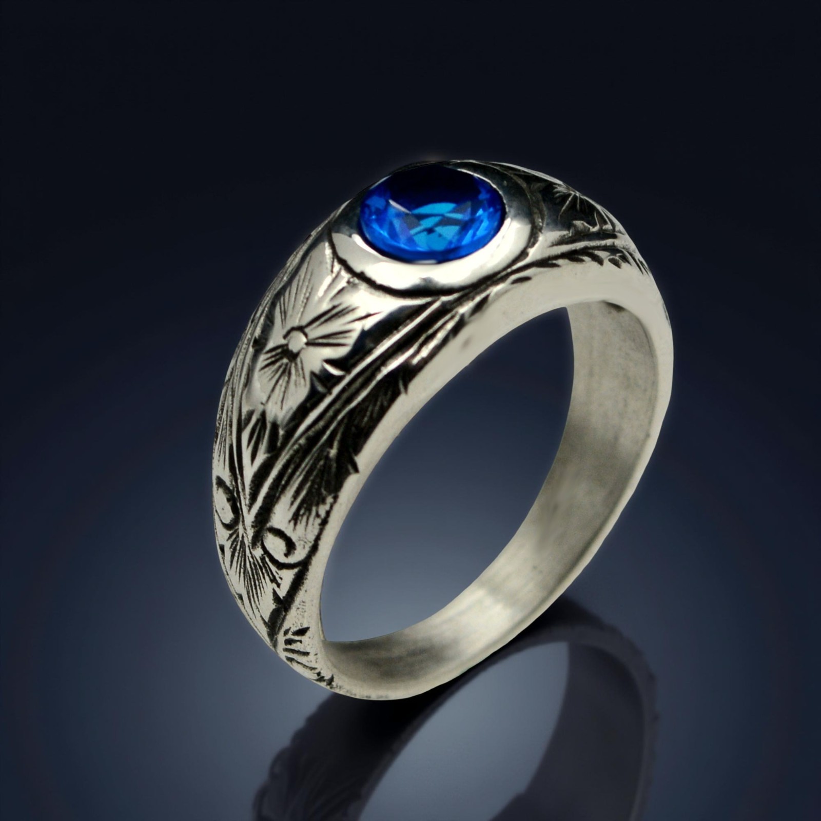 925 Sterling Silver Simulated Sapphire Men Ring Handmade Vintage Signet Band