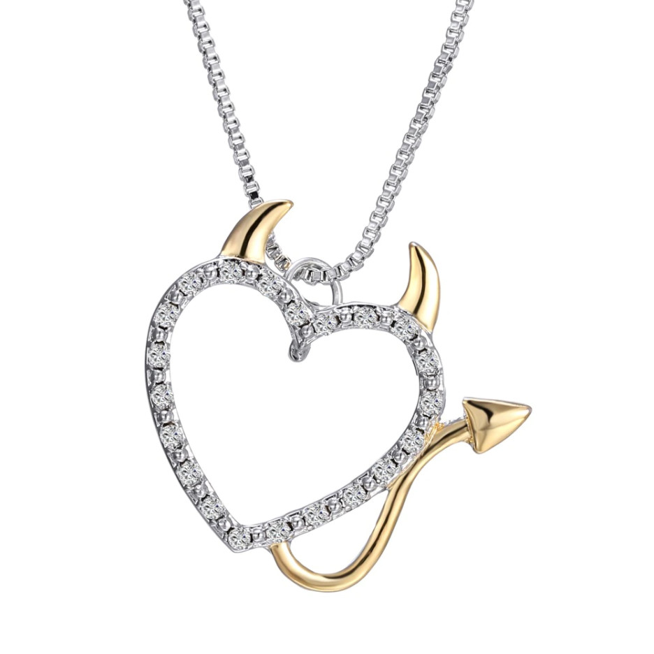 DEVIL LOVE HEART CRYSTAL PENDANT NECKLACE WITH HORNS SILVER & GOLD