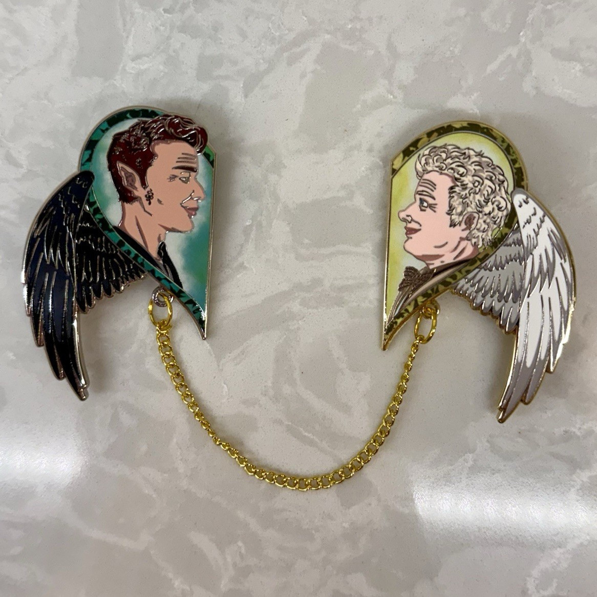 Aziraphale And Crowley Enamel Metal Pin Set w Chain Dangle, 2-Pin – Good Omens