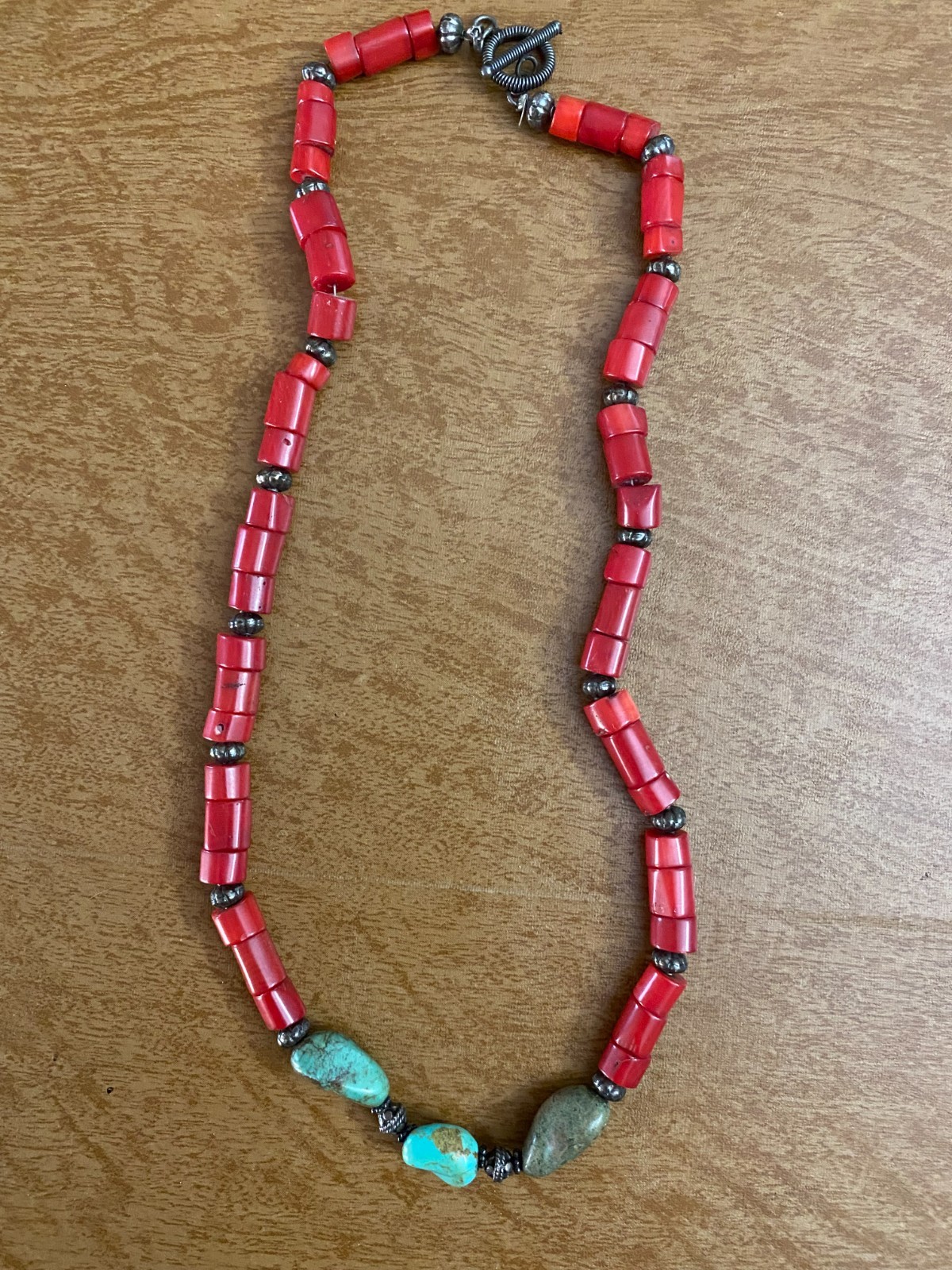 Vintage Southwest Red Coral Beads and Turquoise Necklace 21 Inches