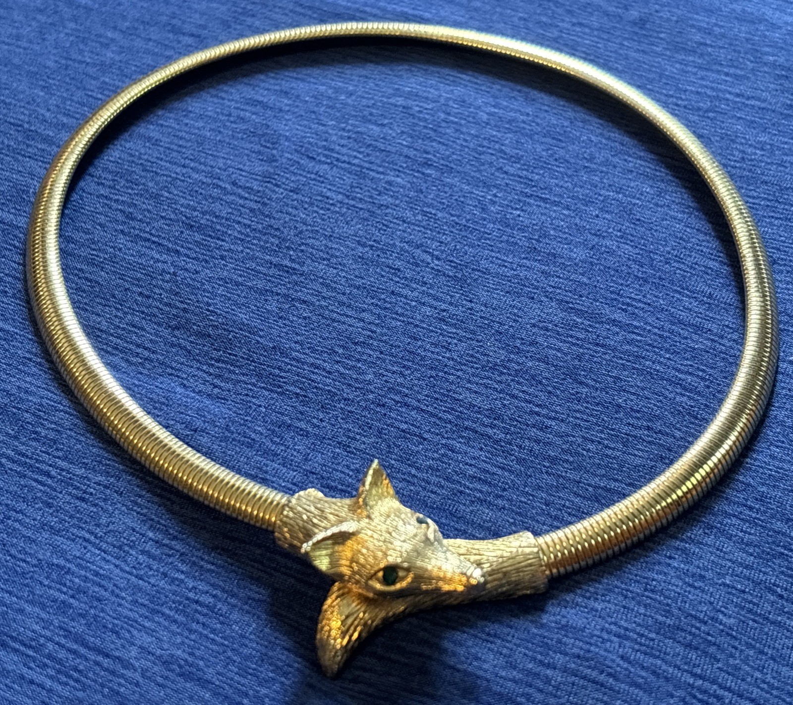 Vintage Gold Tone Rinestone Eye Fox Choker (Exc Cond) Green Eyes
