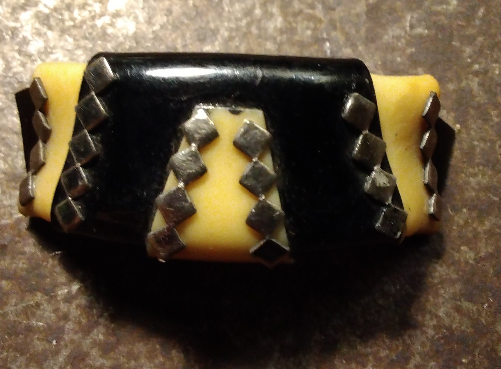 Vtg Bakelite Shoe Tie Clip Black Ivory Metal Boot Layered Curve 1 3/4″ Jewelry