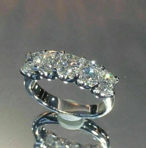 5 Stone 3 Ct Cushion Cut Off White Treated Diamond Band 925 Sterling Silver