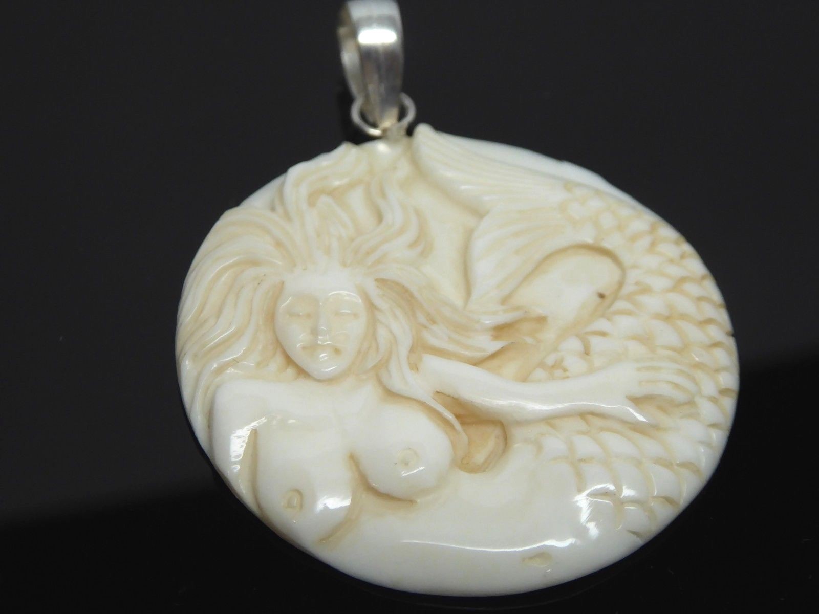 Mermaid Siren Water Buffalo Bubalus Bubalis Bone Carved Round Pendant Necklace