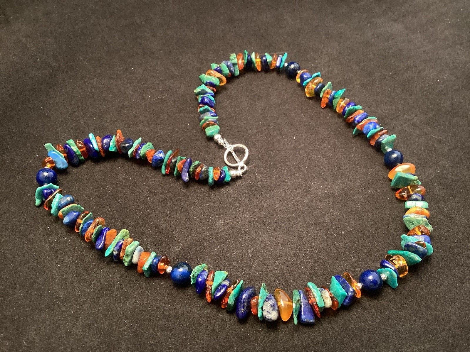 Sterling Silver Turquoise Round Lapis And Amber Chip Beaded Necklace 20.5”
