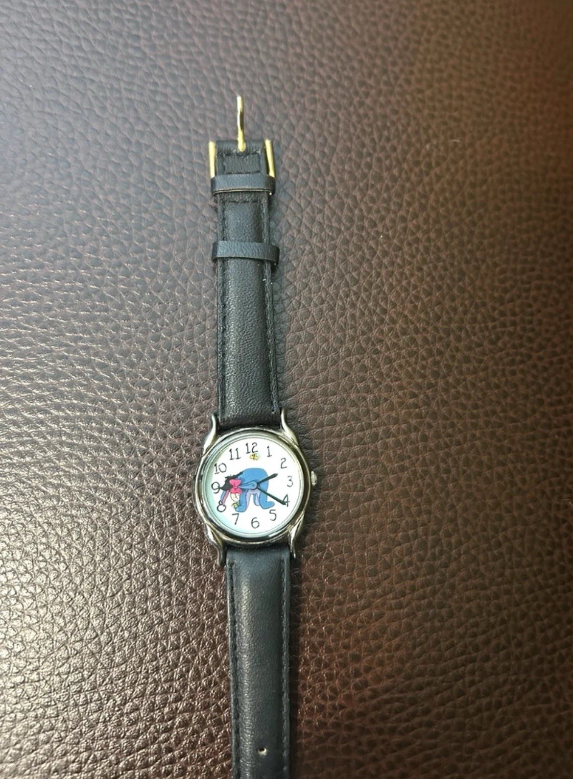 Kreisler Eeyore Quartz Analog Watch Silver Tone Black Leather Strap 1990s