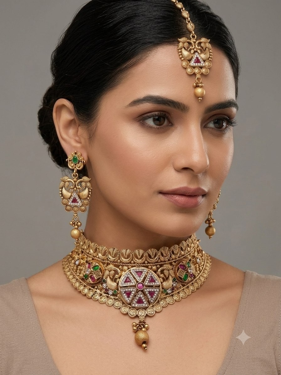 Indian Bollywood Kundan Choker Necklace Earrings Maang Tikka Bridal Jewelry Set