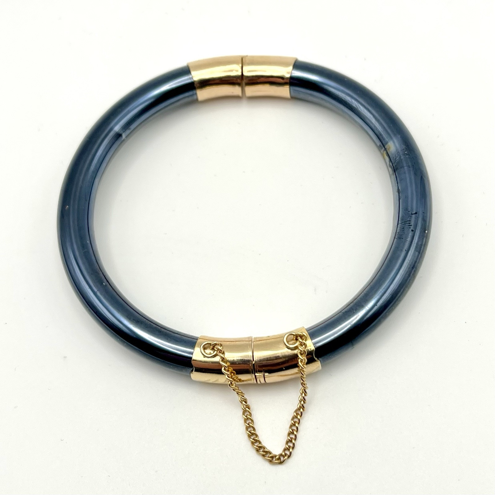 Vintage Midcentury Hinged Bangle Bracelet Chinese Slate Blue Iridescent Glass