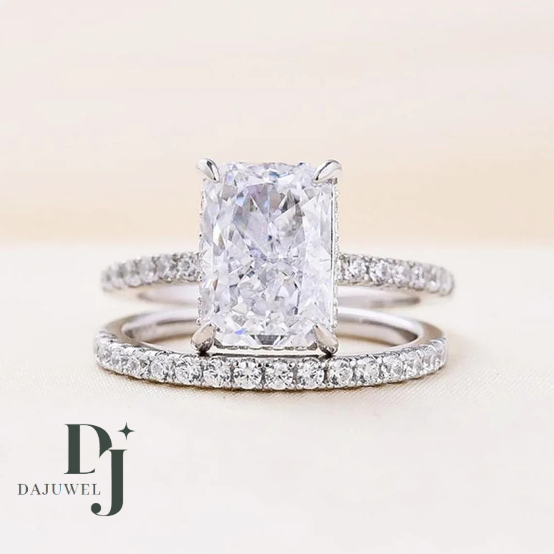 Bridal Set Moissanite Engagement Ring Solid 14K White Gold 3 Carat Radiant Cut