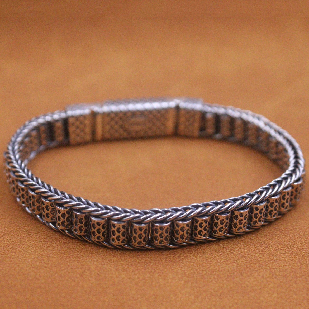 Real 925 Sterling Silver Bracelet Men 9mm Vintage Long Tube Beaded Link 7.5inch