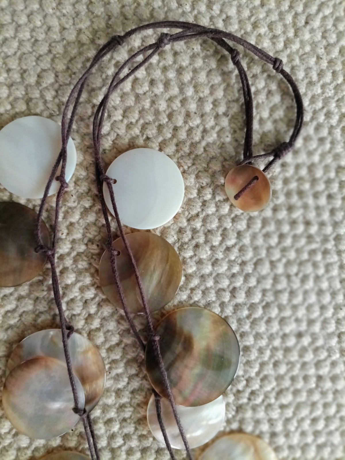 Shell Disc Cord Necklace w/ Round Charm Pendant, Button Hook Closure 17″ Long