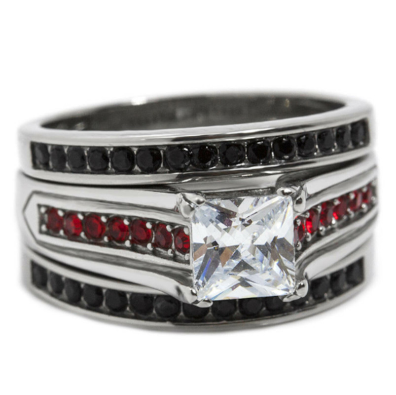6mm Princess CZ Ring 3 pc Thin Red Line Set Stainless Steel Sz 5 6 7 8 9 10 11