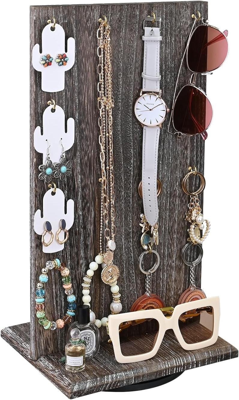 Elegant Wood Rotating Two-Sided Jewelry Display with 32 Hooks in Coffee Finish