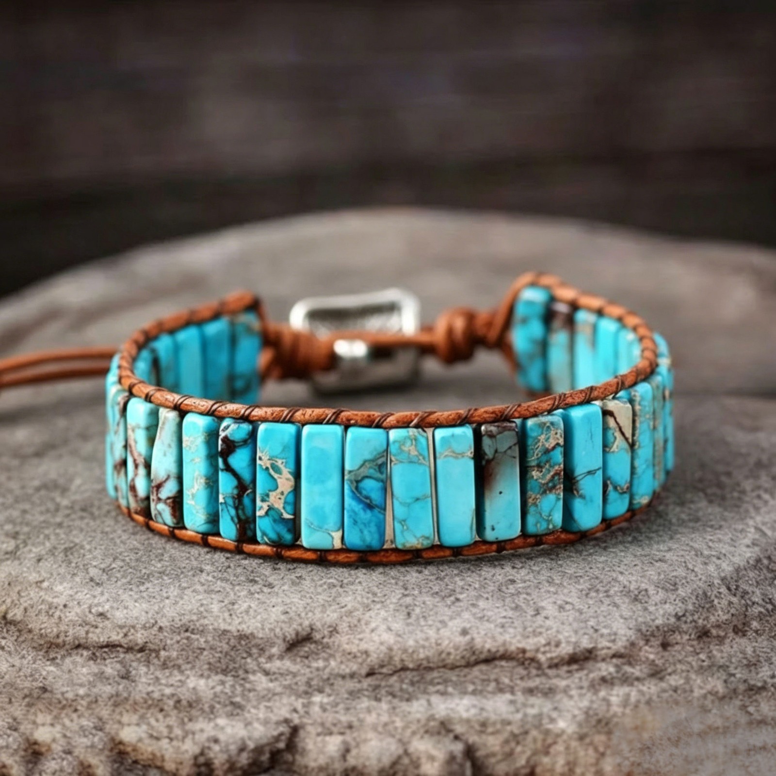 Natural Turquoise Tube Stone Bracelet Leather Braided Healing Reiki Gifts 6.7 in