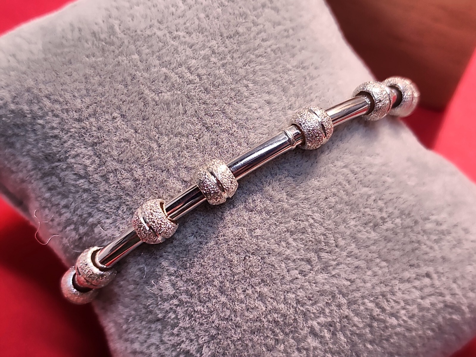 Vintage 925 Beaded Open Cuff Bangle Bracelet With Ribbon Charm 15.42 G