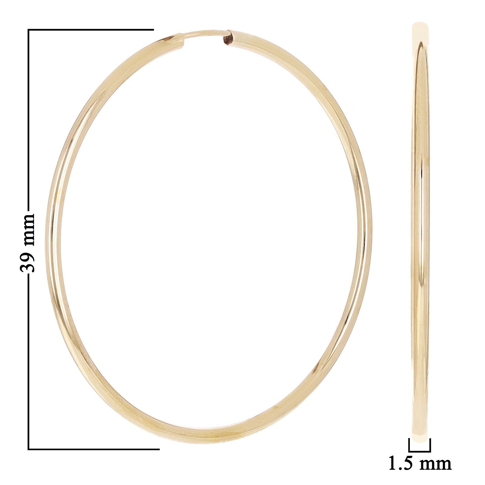 Italian 14k Yellow Gold High Polish Round Endless Hoop Earrings 1.5″ 1.6mm 1.3g