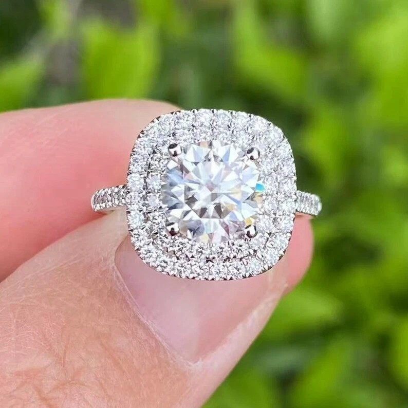 Double Halo Engagement Ring 2.40 Ct Round Cut Moissanite 14K White Gold Plated