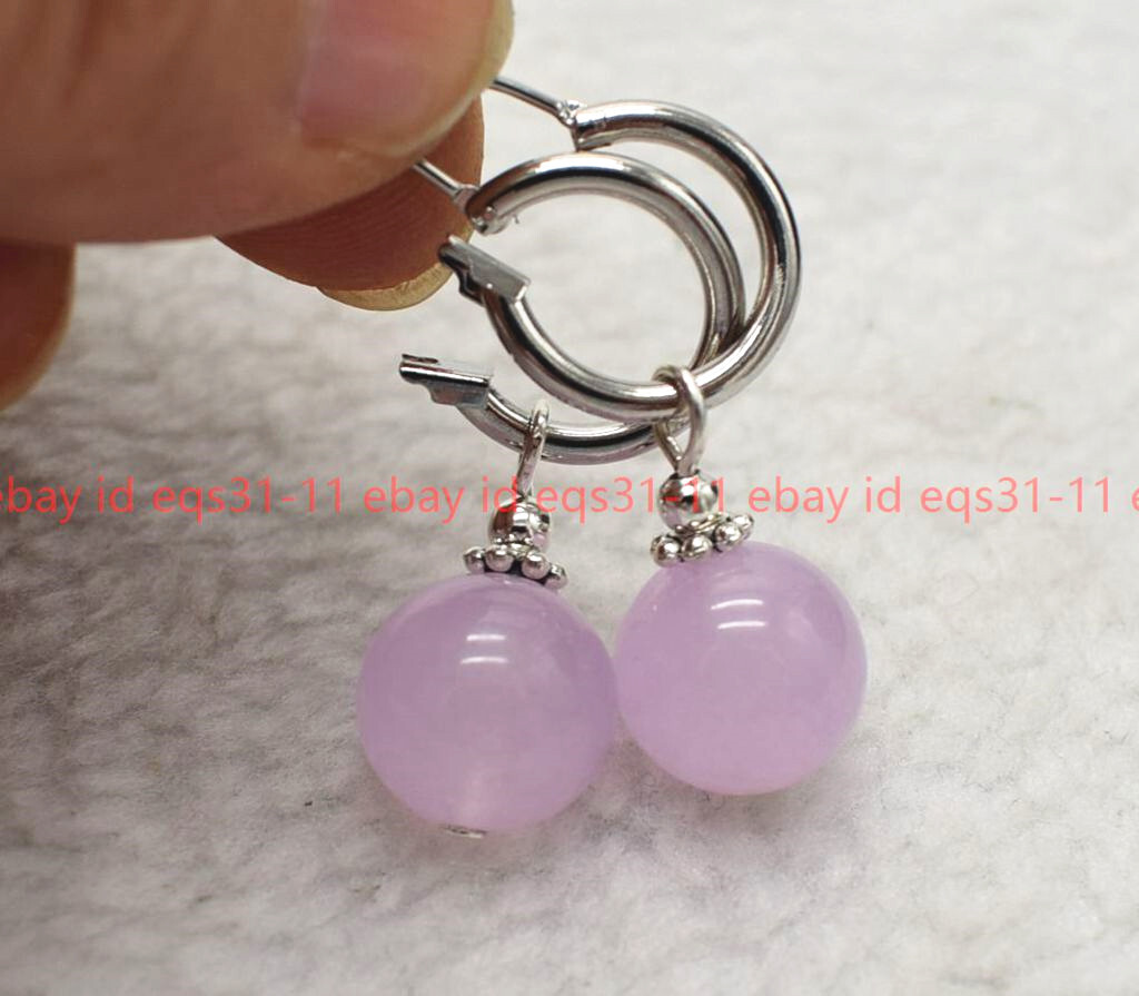 Natural 8/10/12mm Light Purple Jade Round Gemstone Beads Drop Leveback Earrings