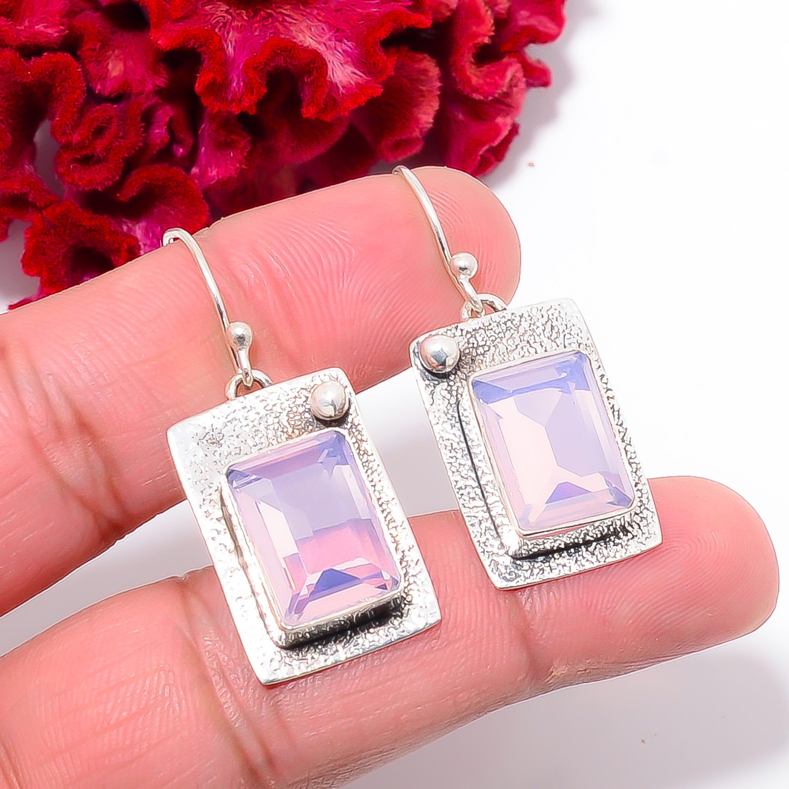 Milky Pink Opal Gemstone 925 Sterling Silver Handmade Earring 1.64″ E102758