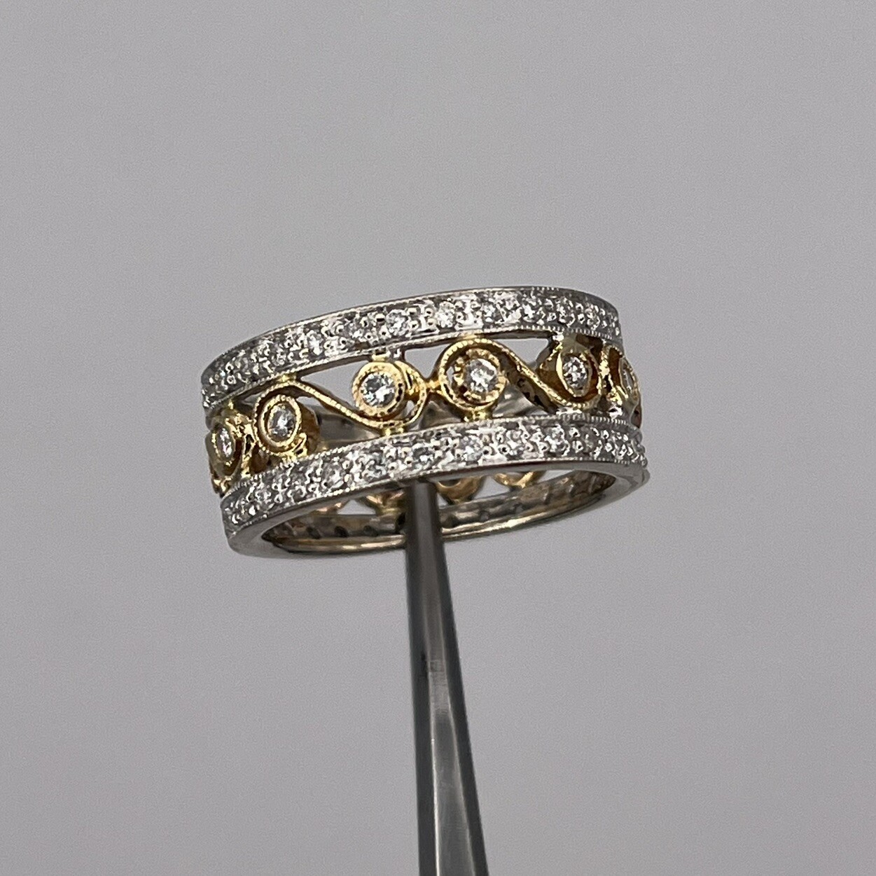14k Two Tone Yellow White Gold Ladies Filigree Diamond Band 8.4mm Ring Size 5.75