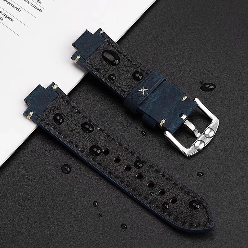 Leather Watch Strap for Oris Aquis 7330 7740 24x12mm Black Blue Convex Wristband