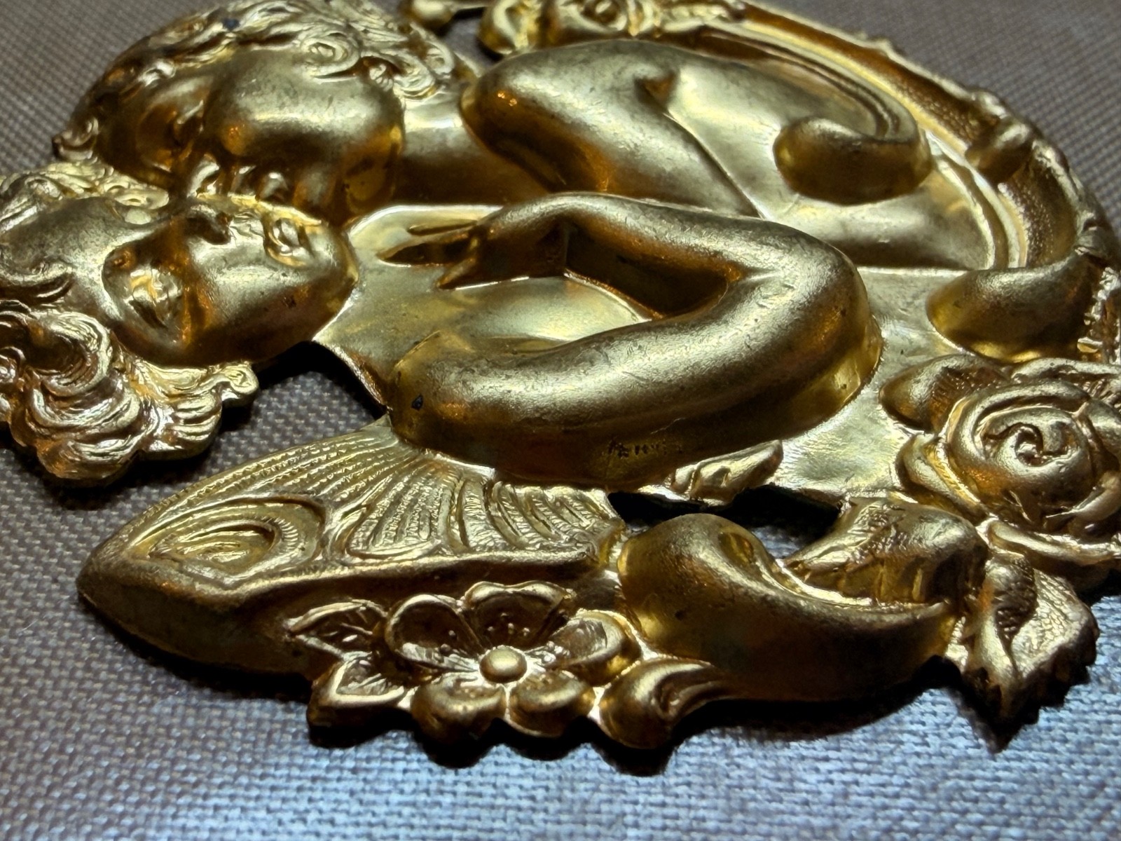 Large Vintage Brass Cherub Butterfly Wing Stamping 56mm Art Nouveau Jewelry Find